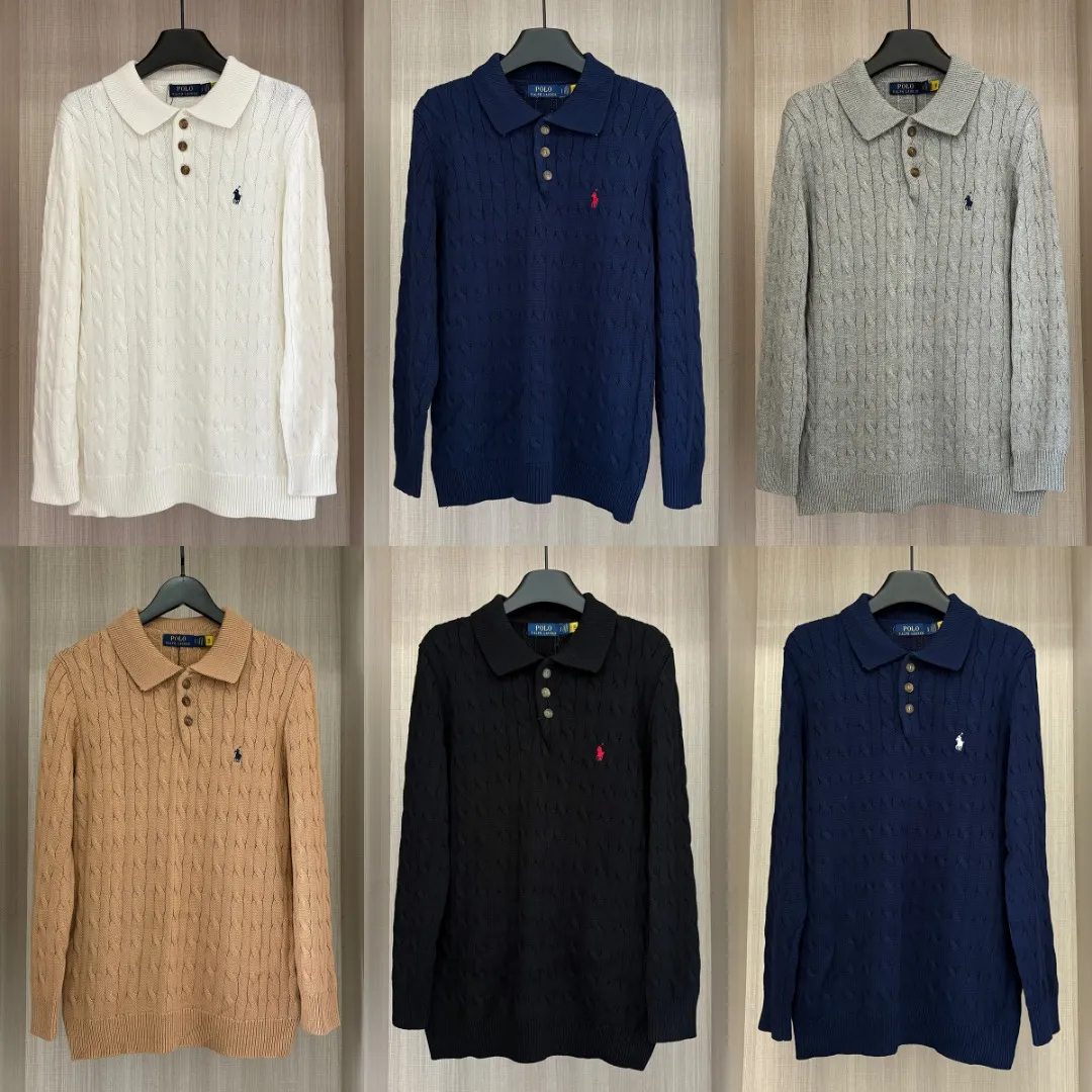 P230 RALPH LAUREN Ralph Lauren six-color classic small label embroidered polo collar long-sleeved buttoned pullover knitted sweater tops for men and women. Six colors. Colors: white, black, navy blue (red label), gray, khaki, navy blue (white label). Size: S M L XL. Material: cotton. Weight: 700g.